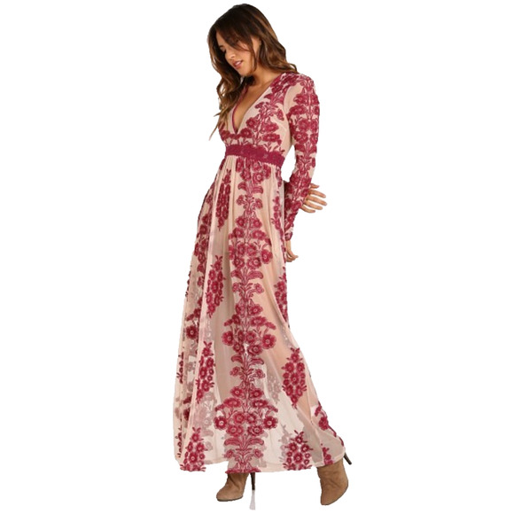 For Love & Lemons Temecula Maxi Dress Size S Red Embroidered Mesh Deep V Neck - Picture 3 of 9